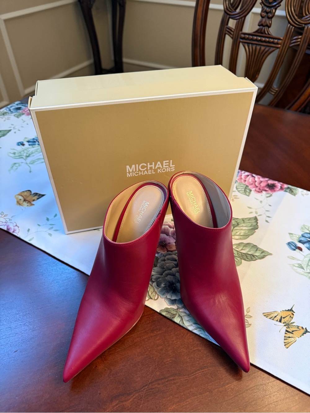 Michael Kors Women's Red Pointed-Toe Leather Mules Booties